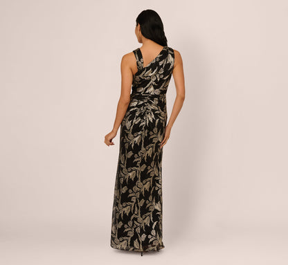 Sleeveless Asymmetrical Crinkle Metallic Floral Gown In Black Gold