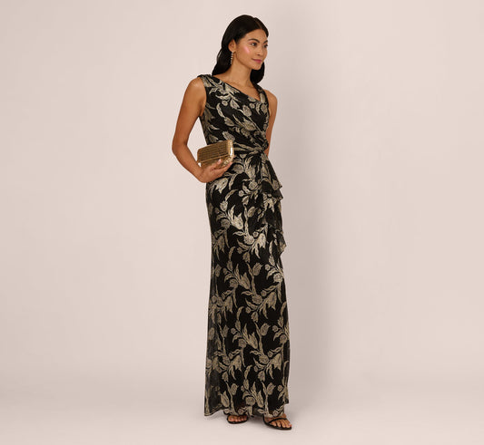 Sleeveless Asymmetrical Crinkle Metallic Floral Gown In Black Gold