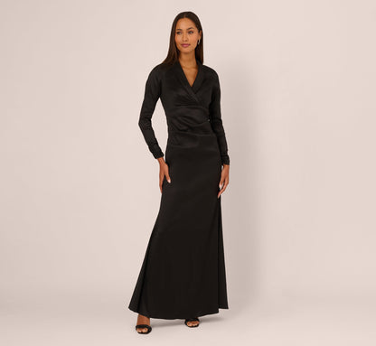 Long Sleeve Taffeta Tuxedo Gown In Black