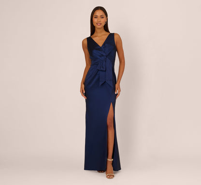 Sleeveless Taffeta Bow Gown In Antique Blue