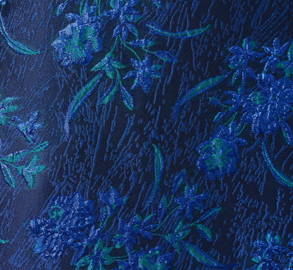 Off Shoulder Floral Jacquard A Line Gown In Navy Blue Multi