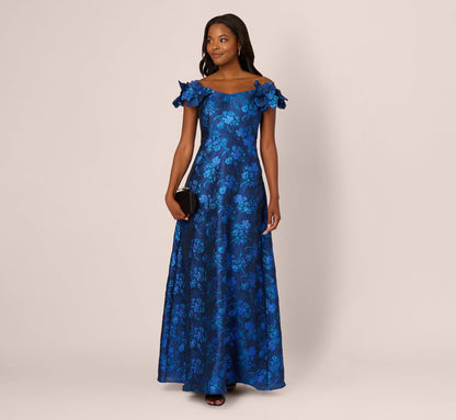 Off Shoulder Floral Jacquard A Line Gown In Navy Blue Multi