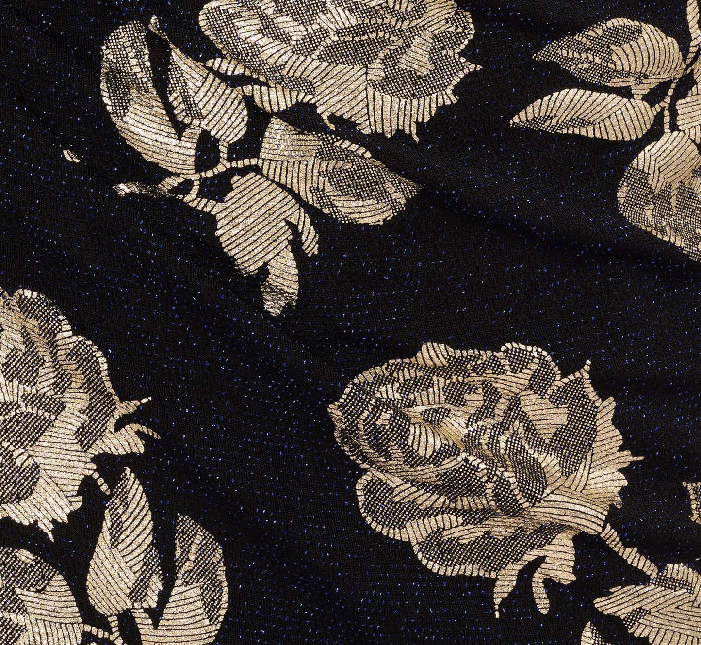 Long Sleeve Stretch Metallic Rose Floral Midi Dress In Navy Gold