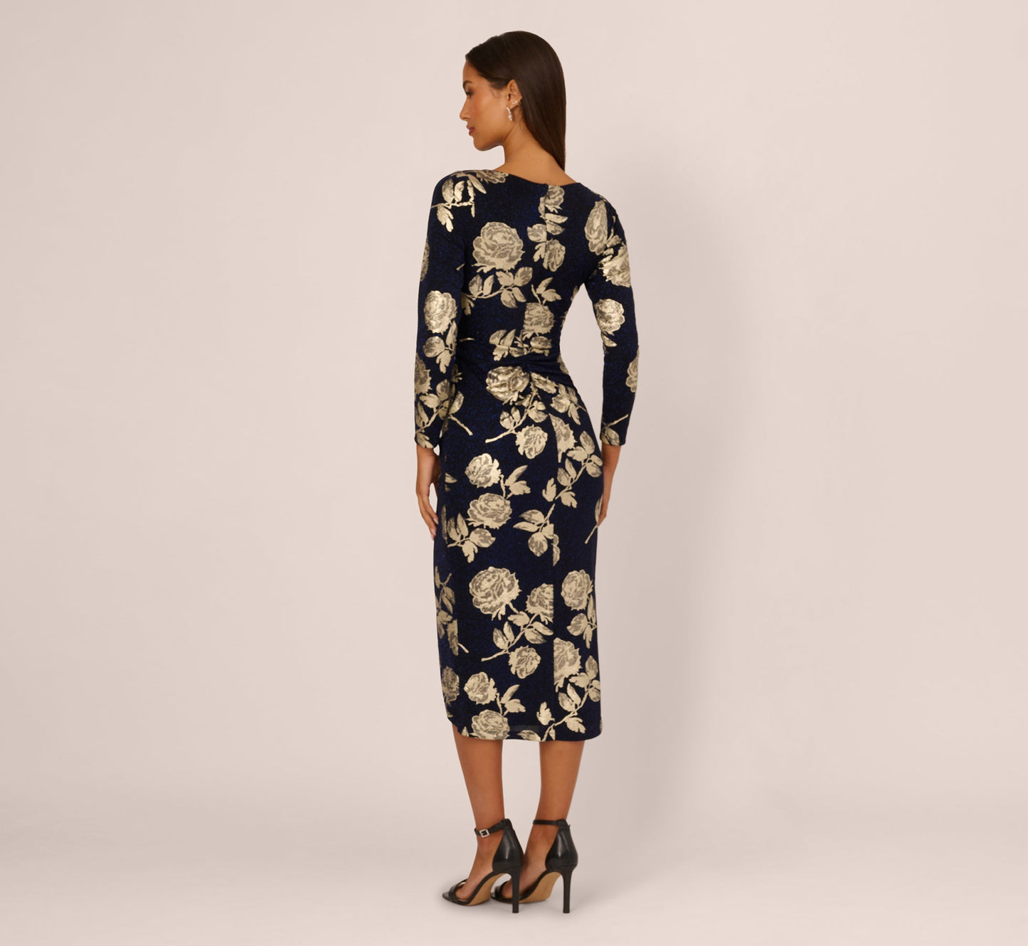 Long Sleeve Stretch Metallic Rose Floral Midi Dress In Navy Gold