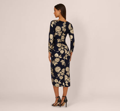 Long Sleeve Stretch Metallic Rose Floral Midi Dress In Navy Gold
