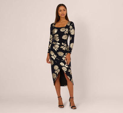 Long Sleeve Stretch Metallic Rose Floral Midi Dress In Navy Gold