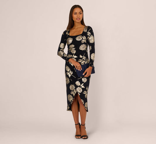 Long Sleeve Stretch Metallic Rose Floral Midi Dress In Navy Gold