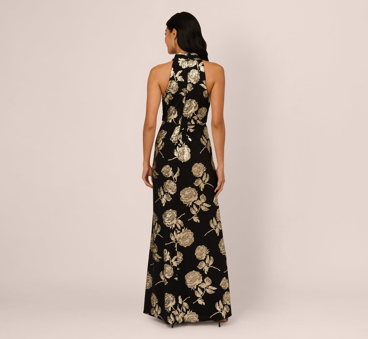 Metallic Rose Floral Halter Gown In Black Gold
