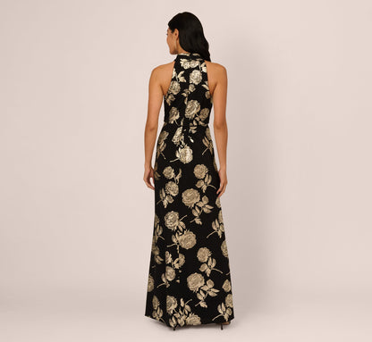 Metallic Rose Floral Halter Gown In Black Gold