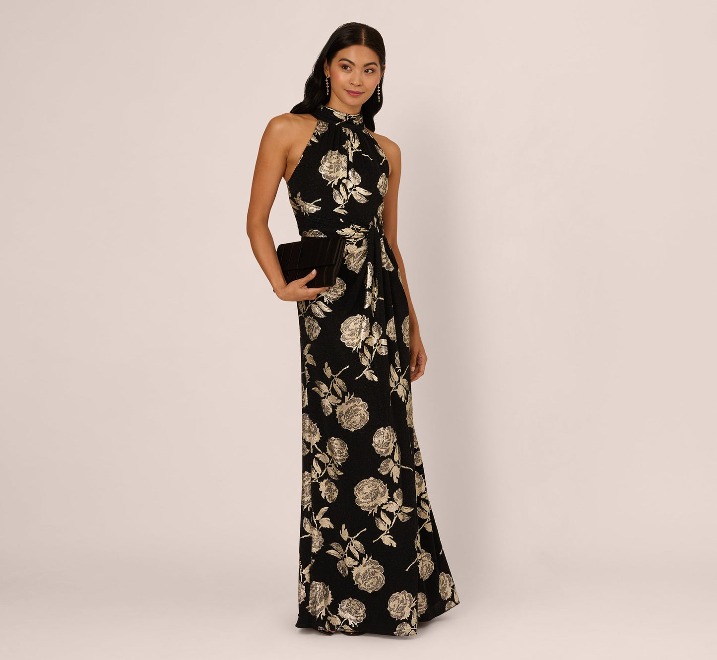 Metallic Rose Floral Halter Gown In Black Gold