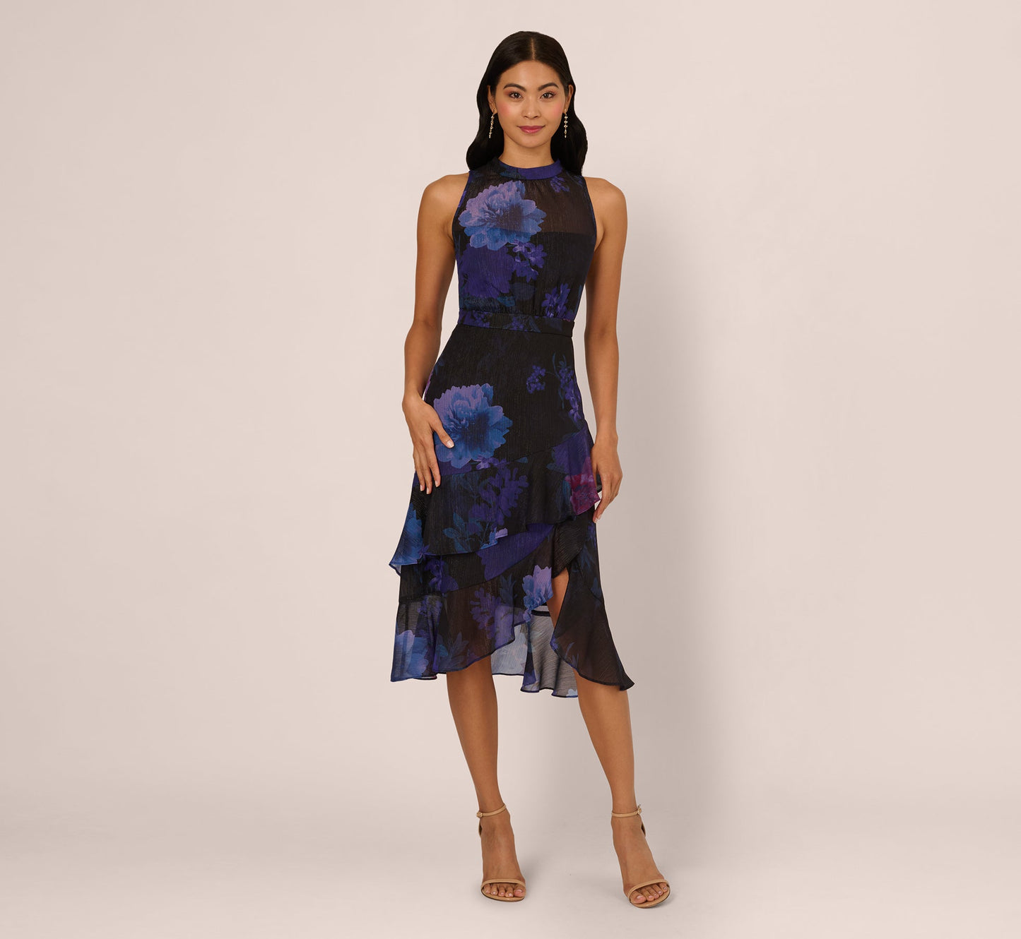Sleeveless Glitter Floral Ruffle Midi Dress In Black Multi
