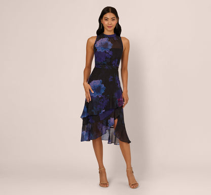 Sleeveless Glitter Floral Ruffle Midi Dress In Black Multi