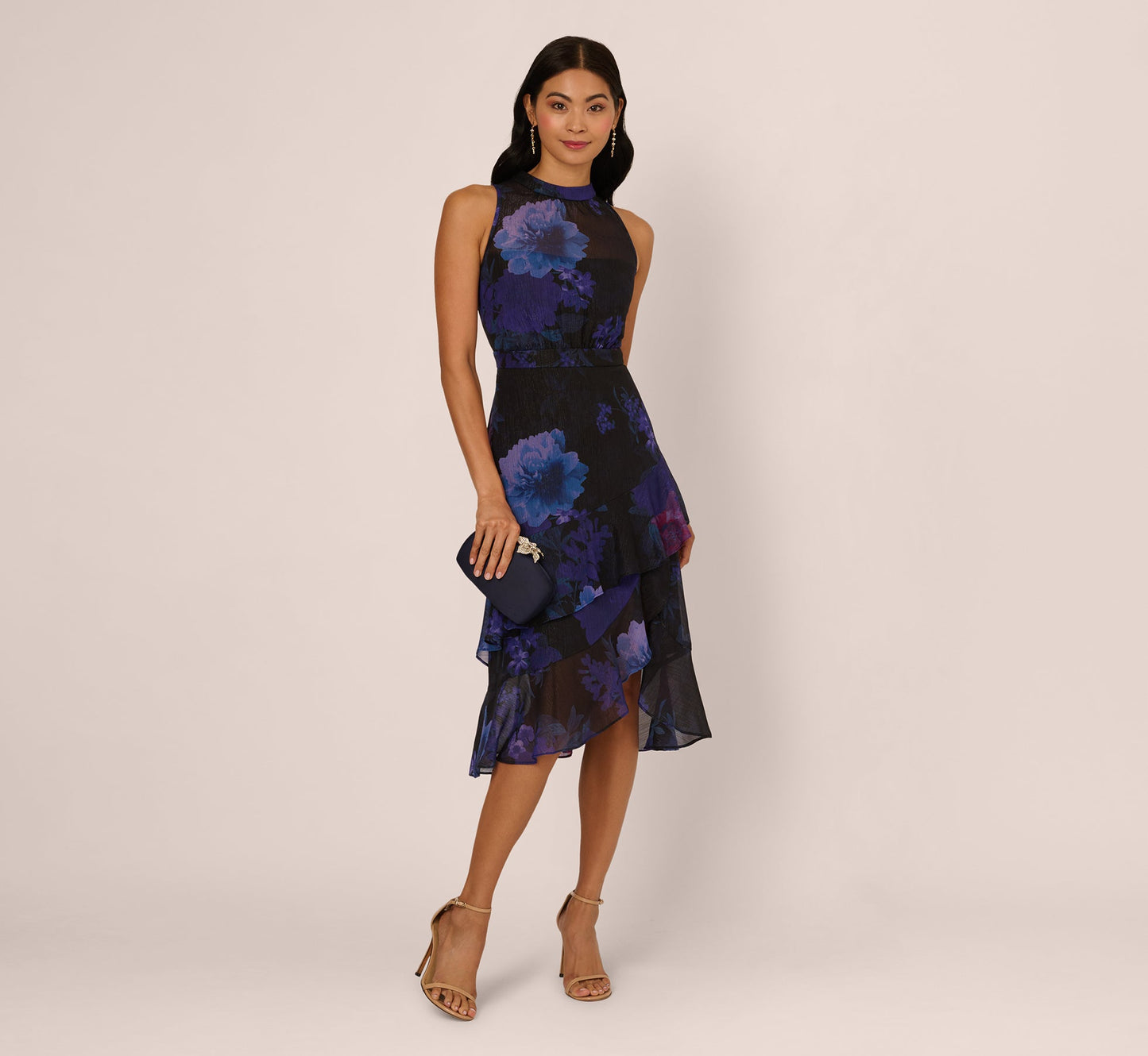 Sleeveless Glitter Floral Ruffle Midi Dress In Black Multi