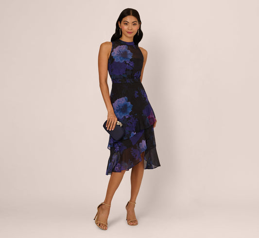 Sleeveless Glitter Floral Ruffle Midi Dress In Black Multi