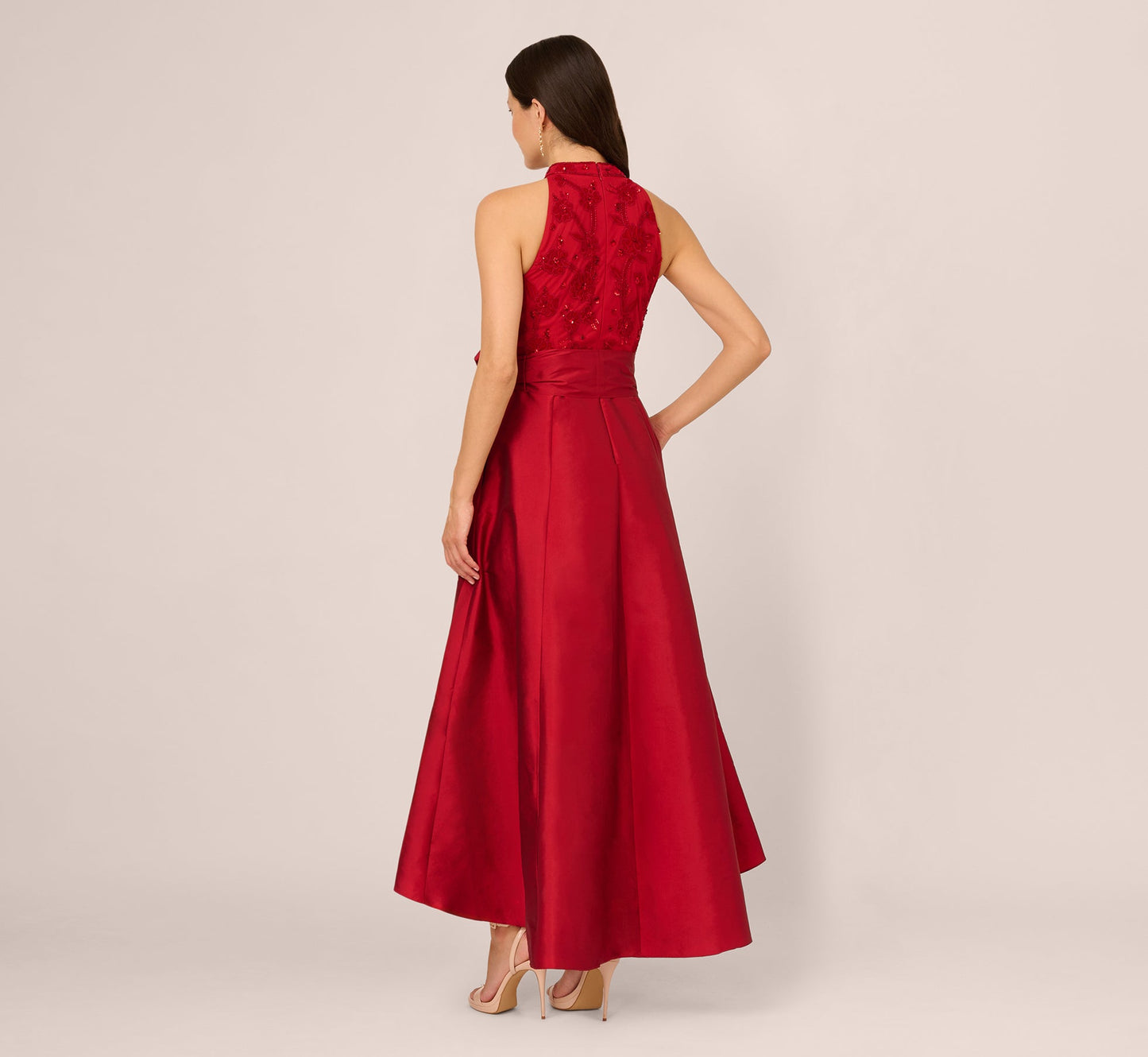 Sleeveless Beaded Taffeta High Low Combo Gown In Red