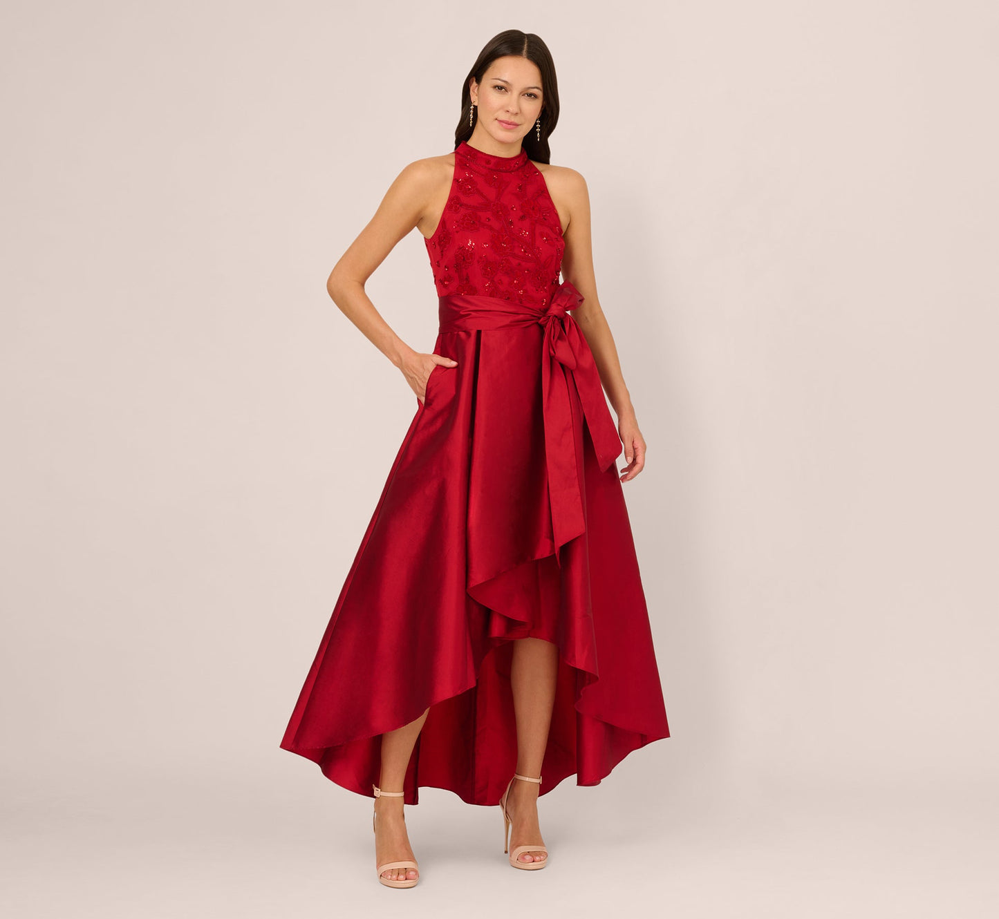 Sleeveless Beaded Taffeta High Low Combo Gown In Red
