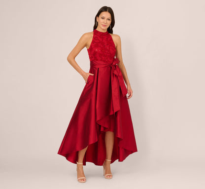 Sleeveless Beaded Taffeta High Low Combo Gown In Red