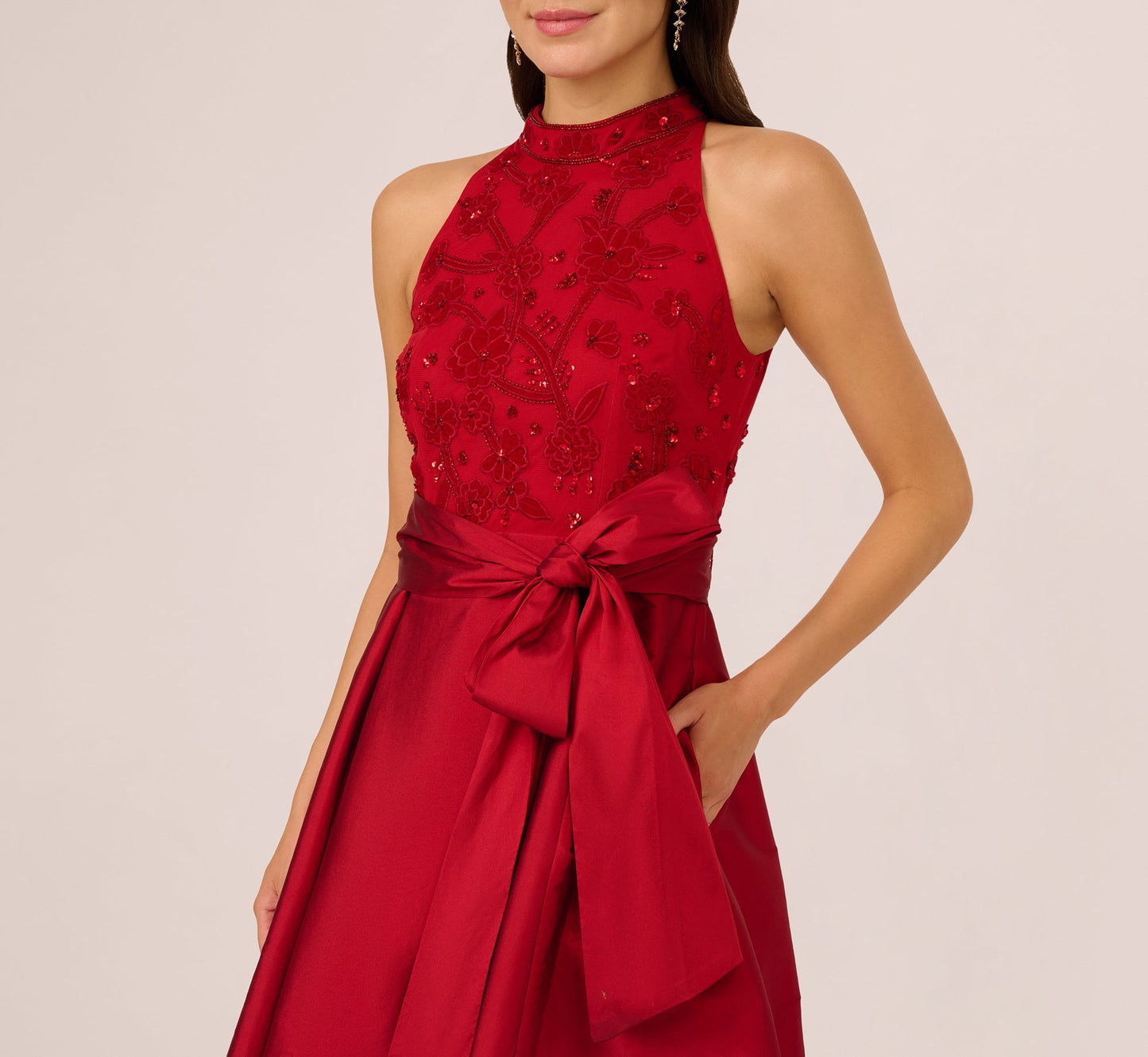 Sleeveless Beaded Taffeta High Low Combo Gown In Red