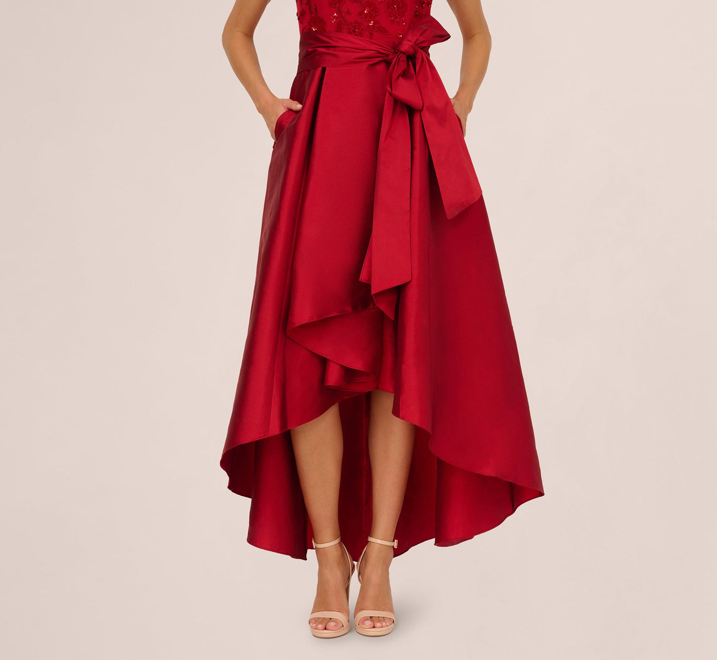 Sleeveless Beaded Taffeta High Low Combo Gown In Red