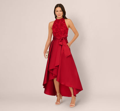 Sleeveless Beaded Taffeta High Low Combo Gown In Red