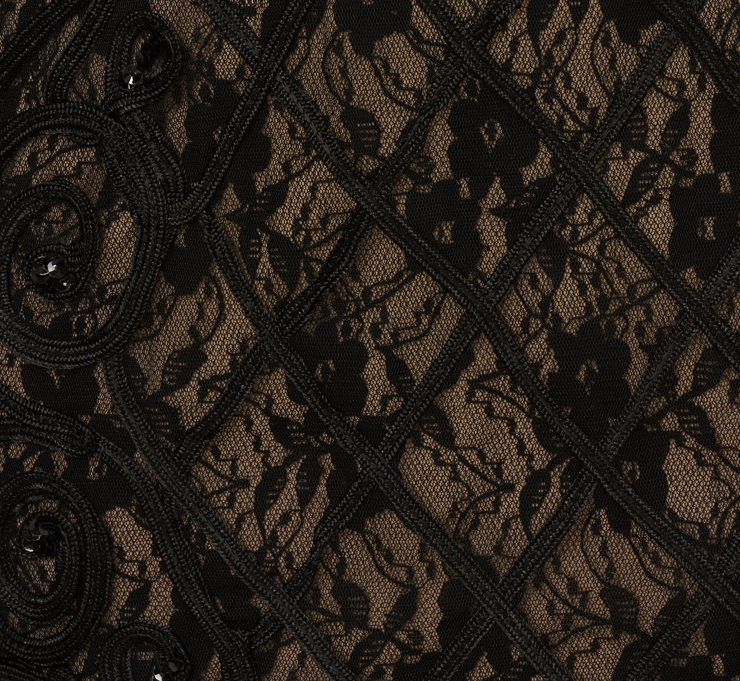 Cap Sleeve Soutache Lace Beaded Midi Dress In Black Nude