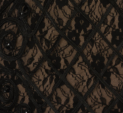 Cap Sleeve Soutache Lace Beaded Midi Dress In Black Nude