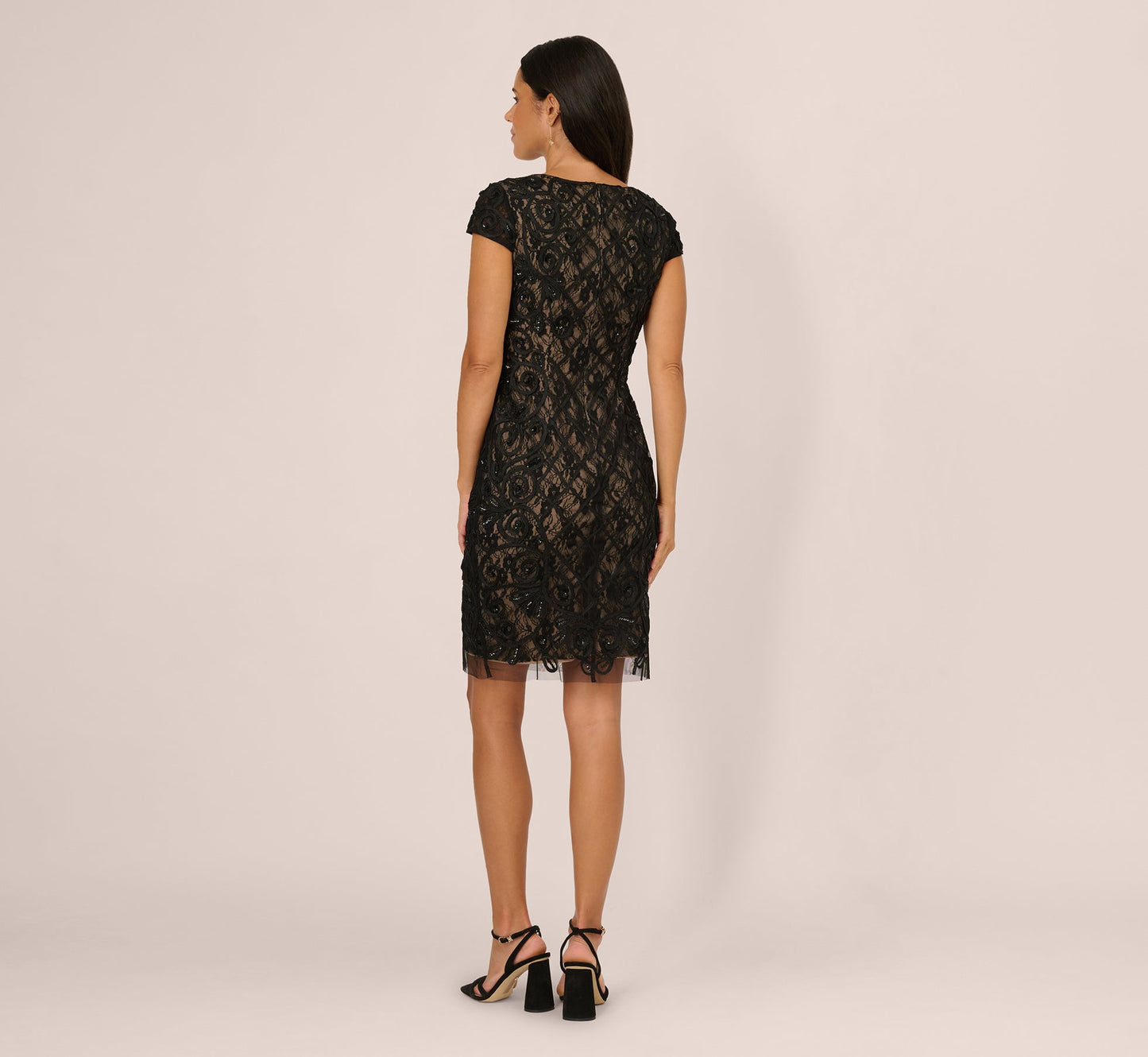 Cap Sleeve Soutache Lace Beaded Midi Dress In Black Nude