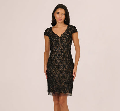 Cap Sleeve Soutache Lace Beaded Midi Dress In Black Nude