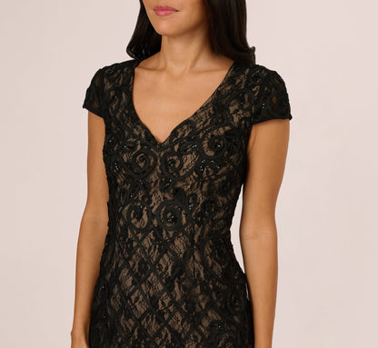 Cap Sleeve Soutache Lace Beaded Midi Dress In Black Nude