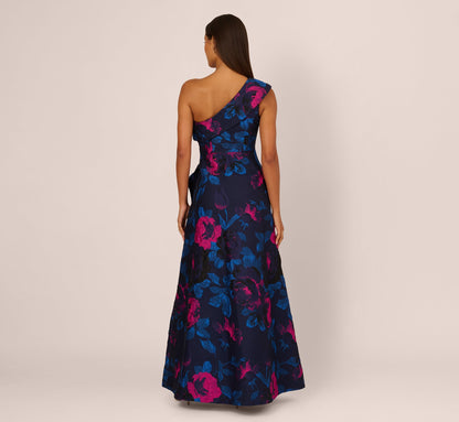 One Shoulder Floral Jacquard A Line Gown In Navy Orchid