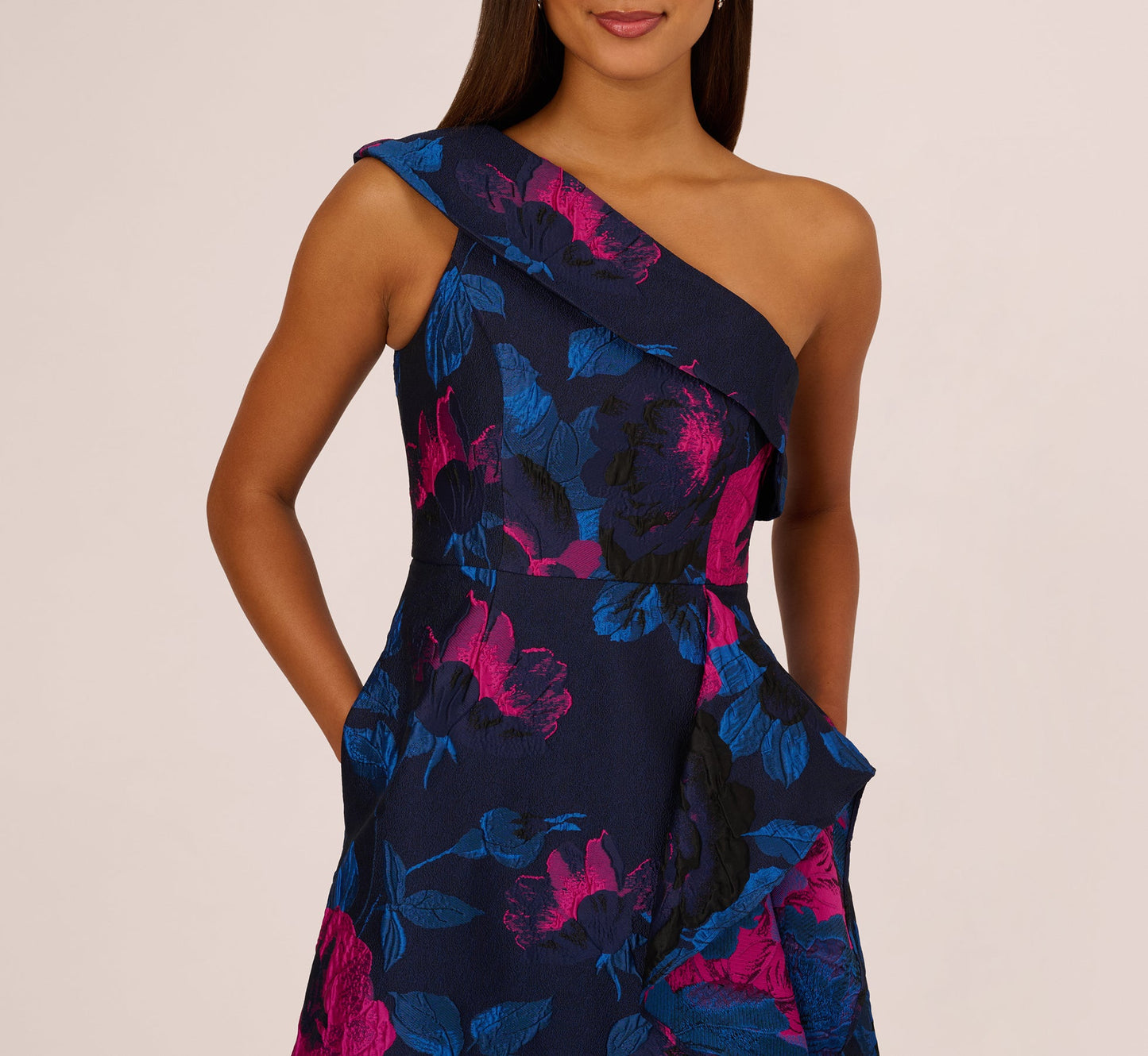 One Shoulder Floral Jacquard A Line Gown In Navy Orchid