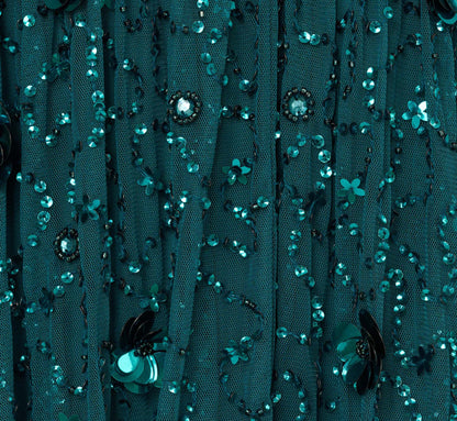 Sleeveless Floral Beaded Ruffle Midi Dress In Deep Azure