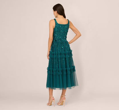 Sleeveless Floral Beaded Ruffle Midi Dress In Deep Azure