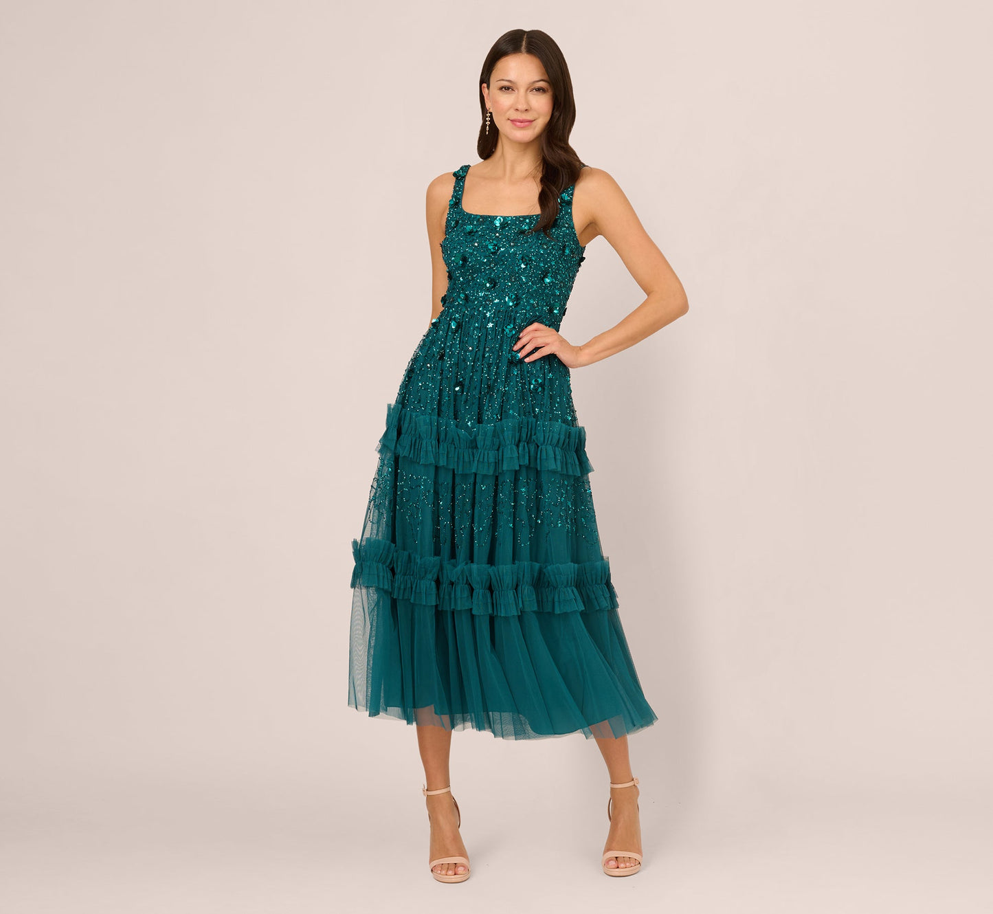 Sleeveless Floral Beaded Ruffle Midi Dress In Deep Azure