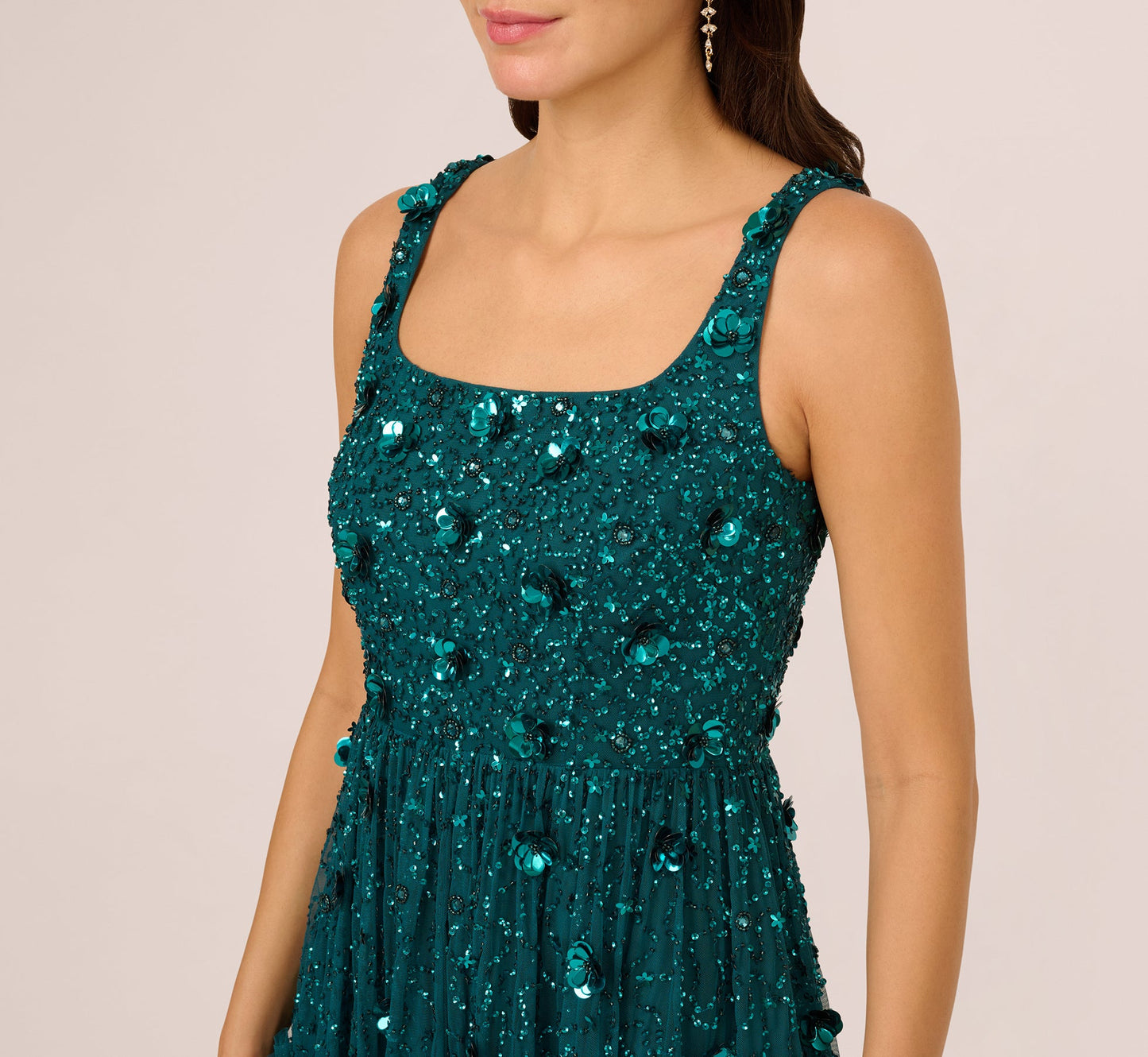 Sleeveless Floral Beaded Ruffle Midi Dress In Deep Azure