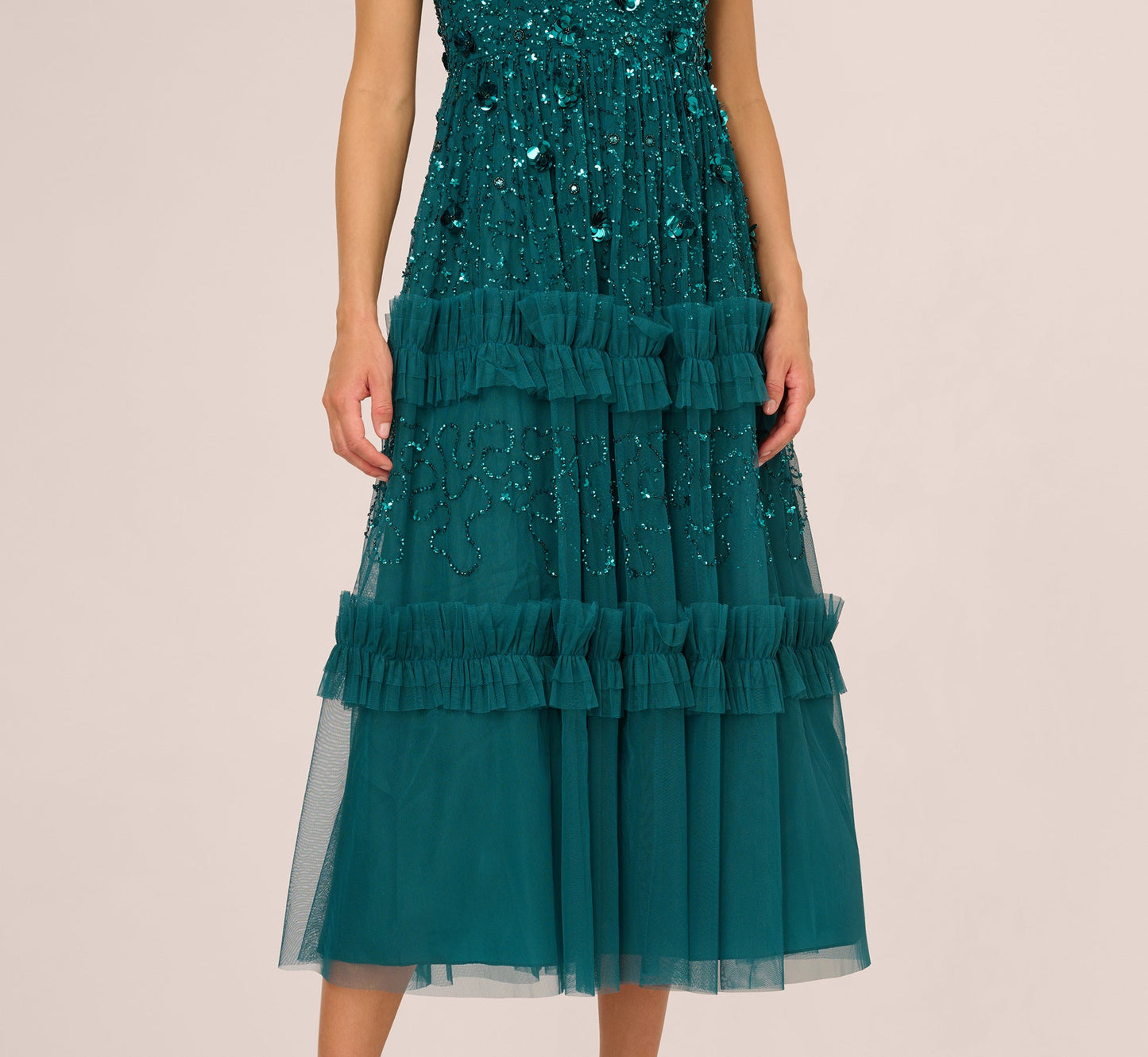 Sleeveless Floral Beaded Ruffle Midi Dress In Deep Azure