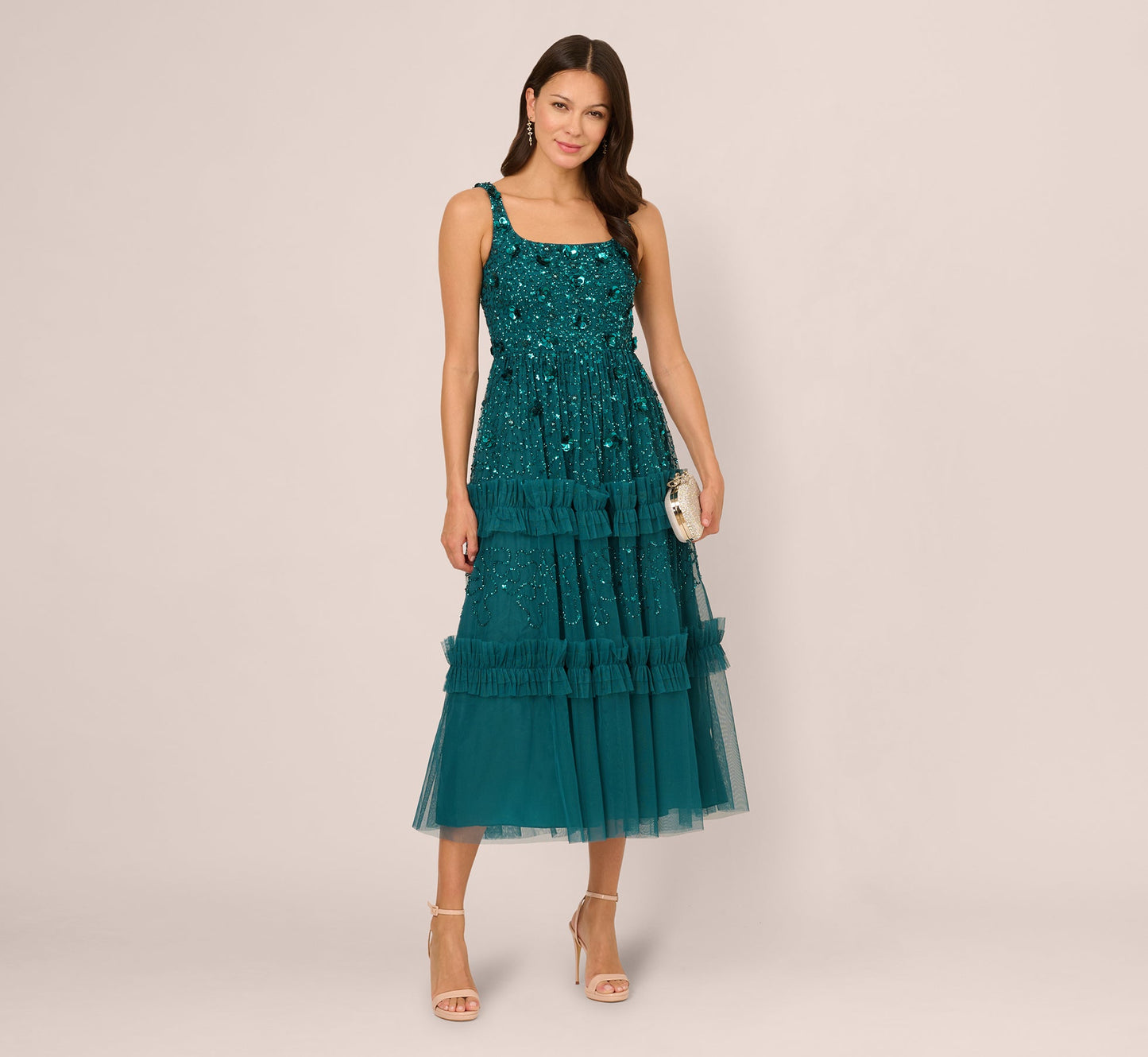 Sleeveless Floral Beaded Ruffle Midi Dress In Deep Azure