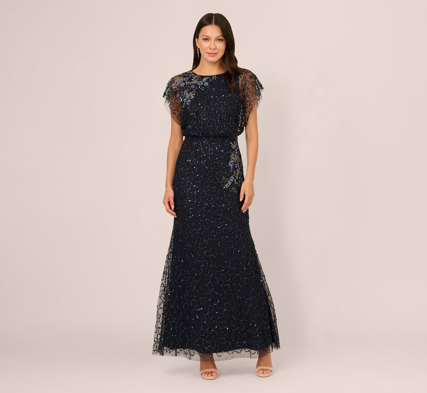 Short Sleeve Beaded Floral Embroidery Gown In Midnight Multi