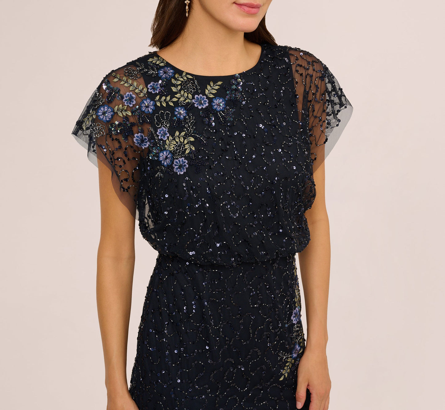 Short Sleeve Beaded Floral Embroidery Gown In Midnight Multi