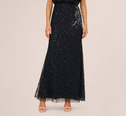 Short Sleeve Beaded Floral Embroidery Gown In Midnight Multi