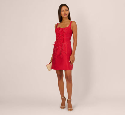 Sleeveless 3D Floral Beaded Cocktail Dress In Red