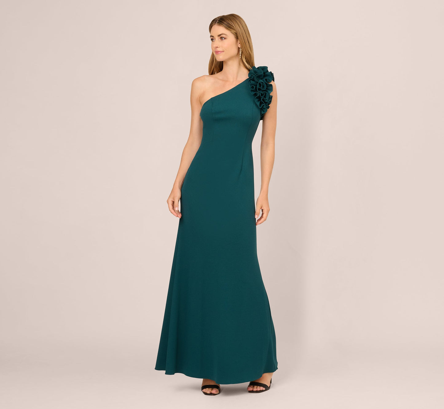 One Shoulder Ruffle Mermaid Gown In Hunter