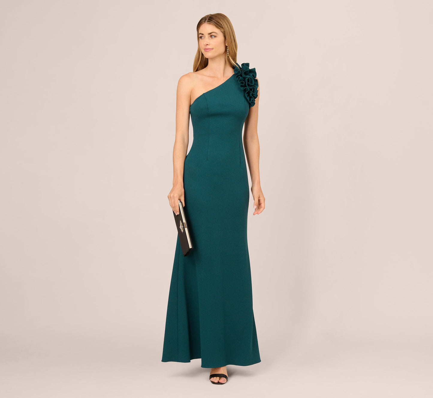 One Shoulder Ruffle Mermaid Gown In Hunter