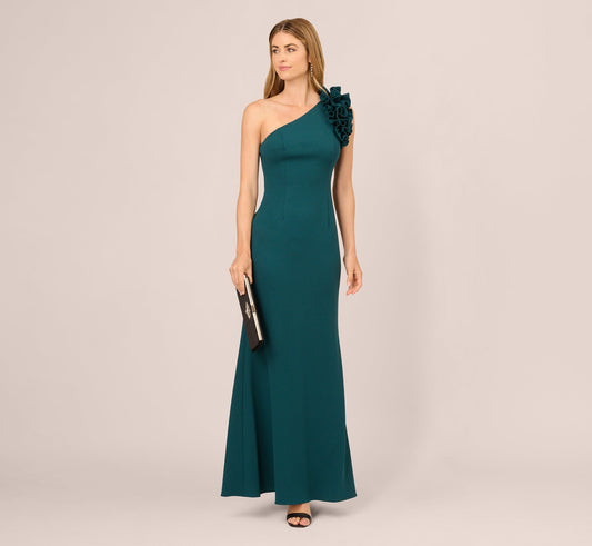 One Shoulder Ruffle Mermaid Gown In Hunter