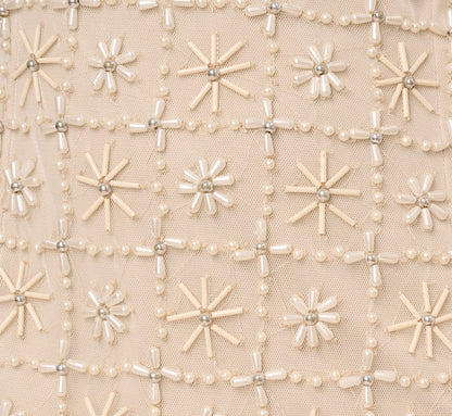 Off Shoulder Pearly Beaded Column Gown In Ivory Nude