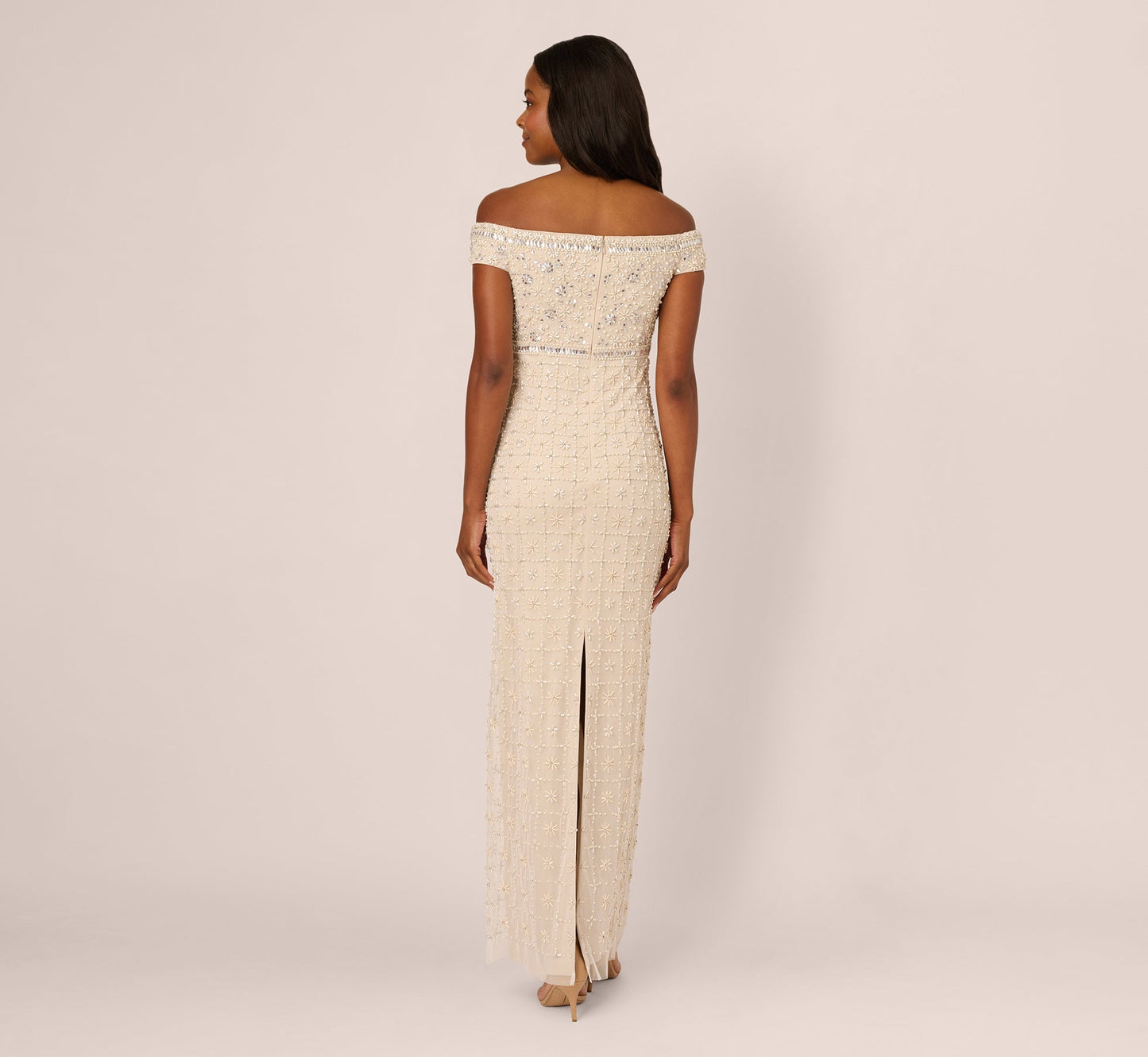 Off Shoulder Pearly Beaded Column Gown In Ivory Nude