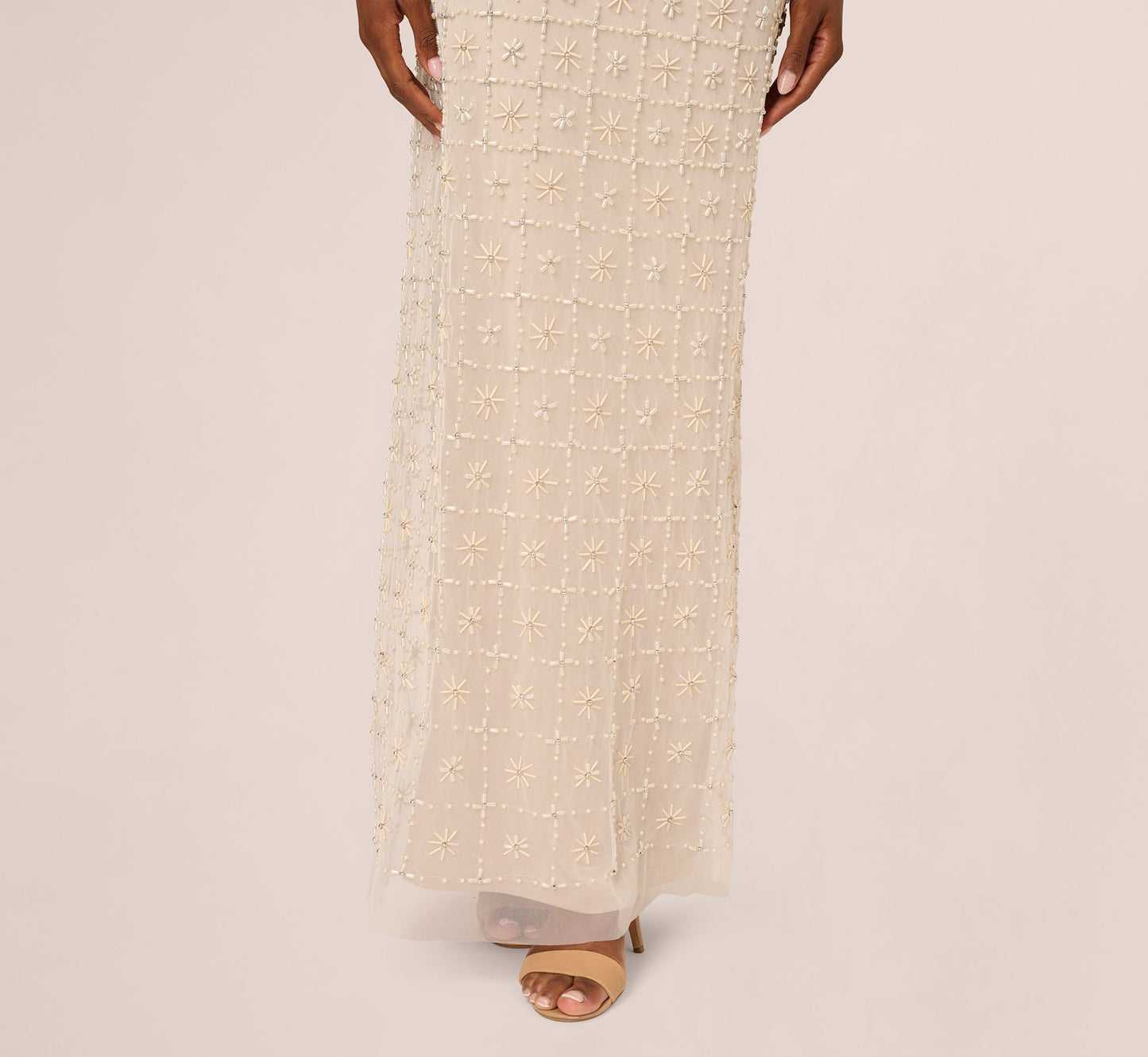 Off Shoulder Pearly Beaded Column Gown In Ivory Nude