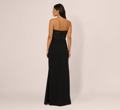 Strapless Sequin Ruffle Combo Gown In Black