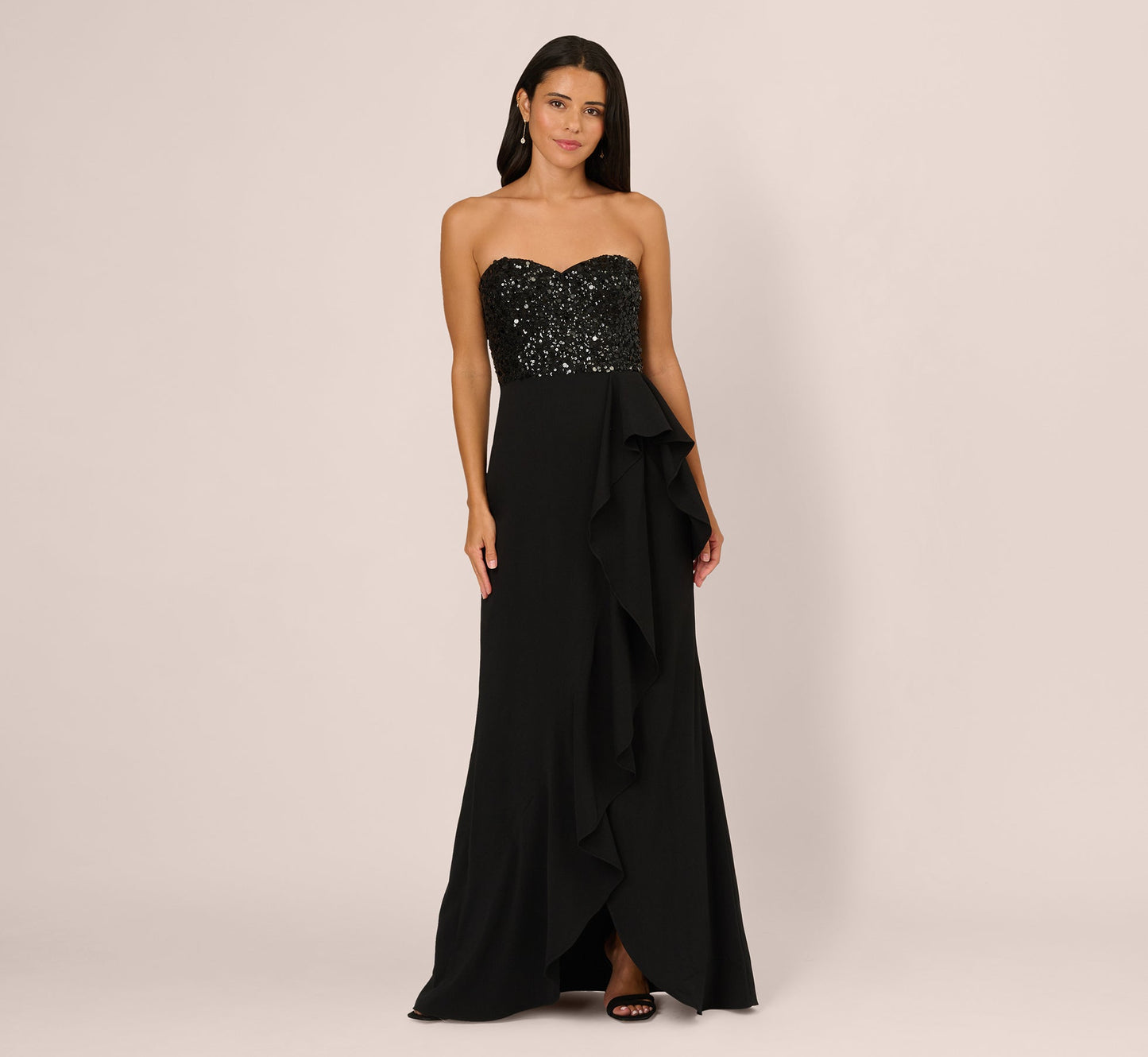 Strapless Sequin Ruffle Combo Gown In Black