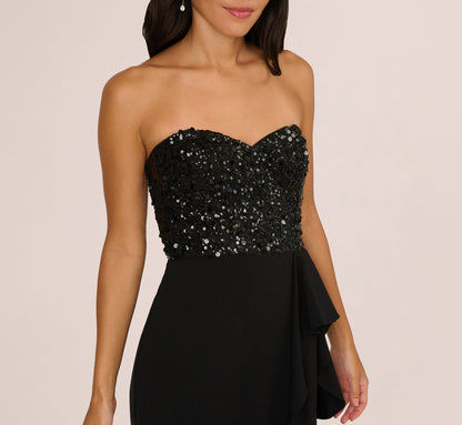 Strapless Sequin Ruffle Combo Gown In Black